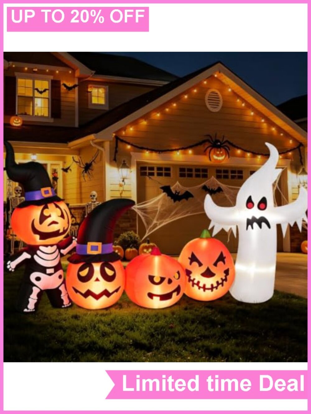 8FT Halloween Inflatable Pumpkin Skeleton Ghost LED Yard Decor